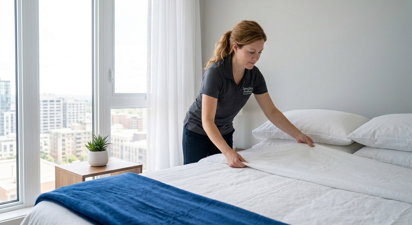 Housekeeper making a bed with fresh white linens in a bright condo bedroom
